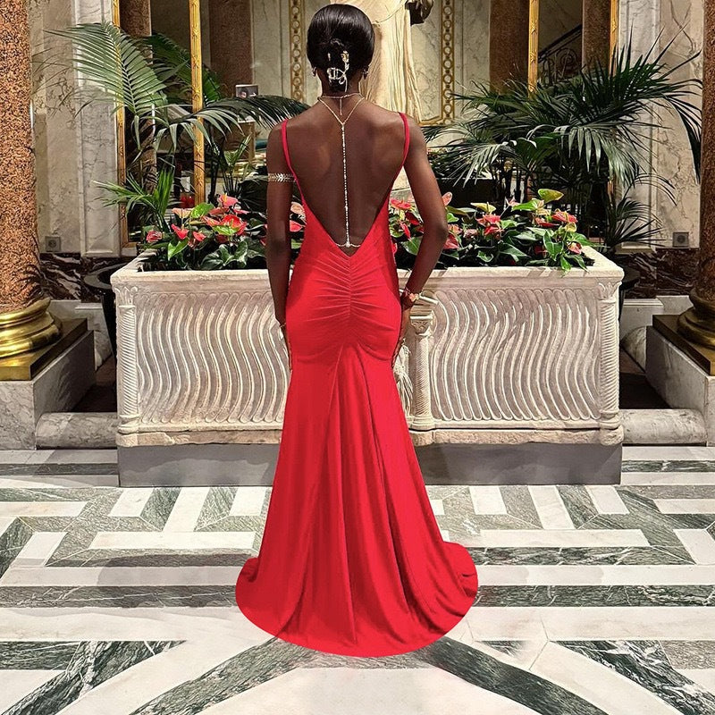 Spaghetti-Strap Backless Ruched Maxi Dress