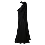 Women Clothing Spring Graceful Fashionable Silk Satin Texture Ribbon Halter Long