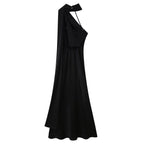 Women Clothing Spring Graceful Fashionable Silk Satin Texture Ribbon Halter Long