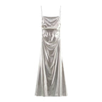Metallic Ruched Spaghetti-Strap A-Line Maxi Dress