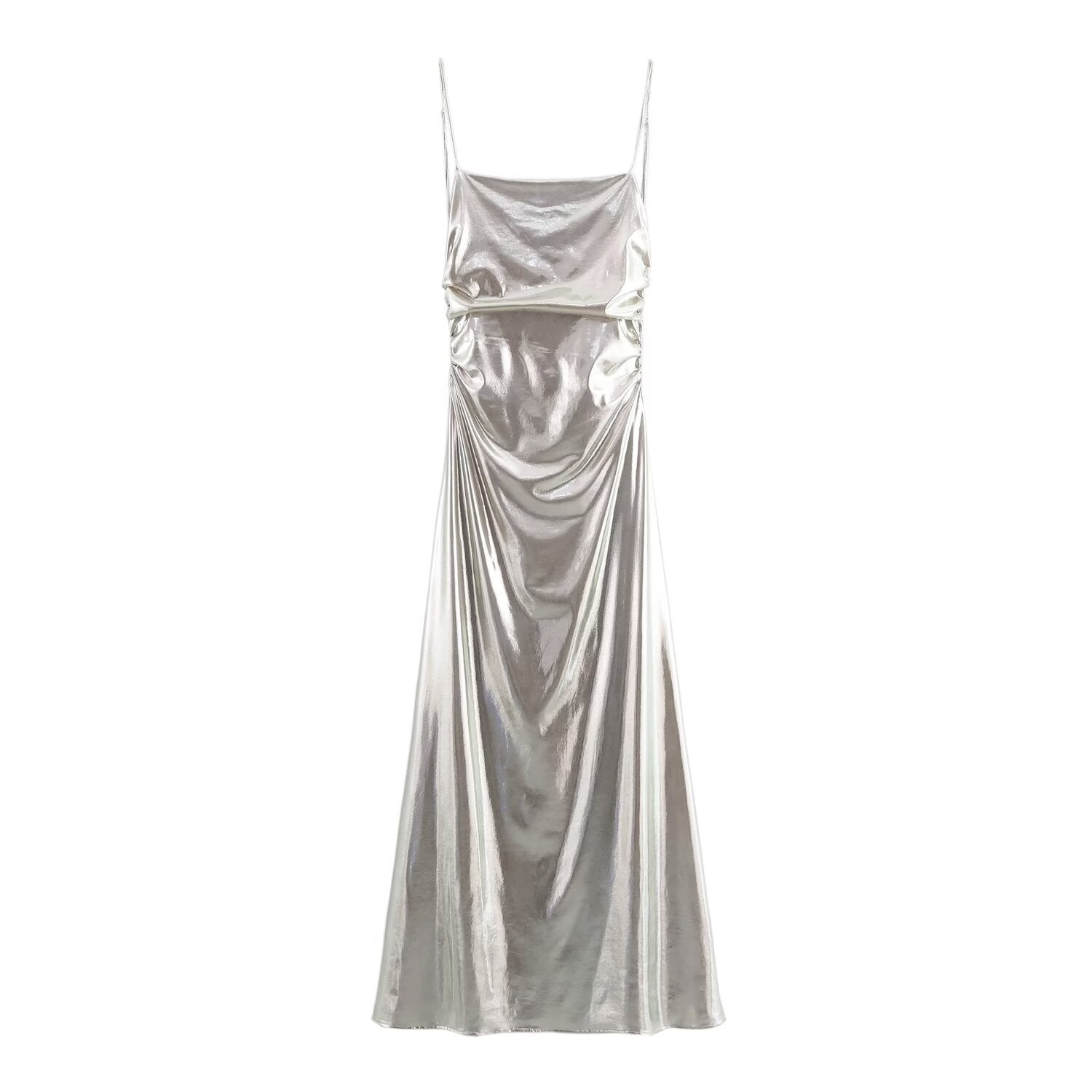 Metallic Ruched Spaghetti-Strap A-Line Maxi Dress