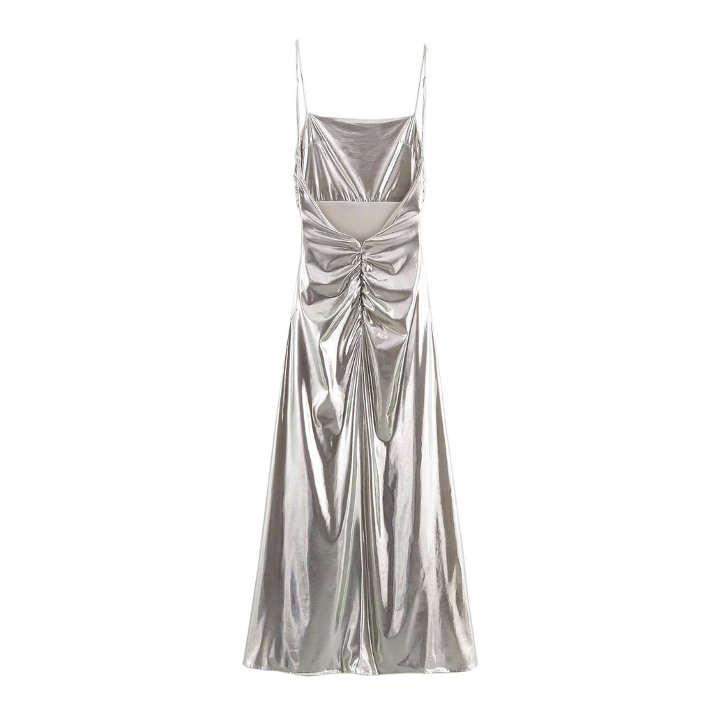 Metallic Ruched Spaghetti-Strap A-Line Maxi Dress