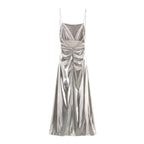 Metallic Ruched Spaghetti-Strap A-Line Maxi Dress