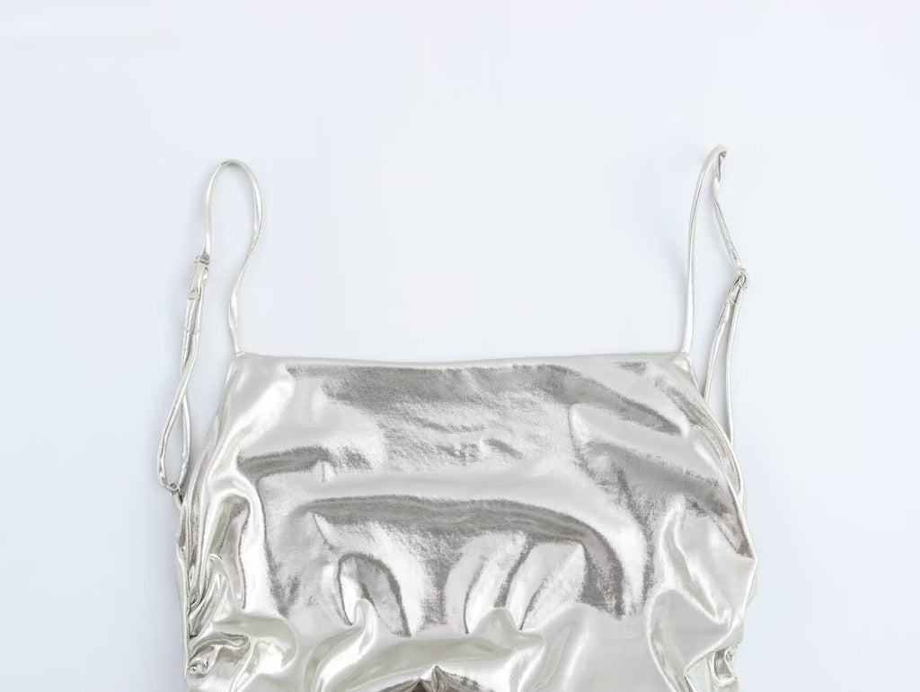 Metallic Ruched Spaghetti-Strap A-Line Maxi Dress