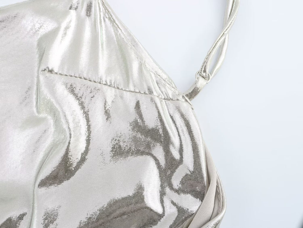 Metallic Ruched Spaghetti-Strap A-Line Maxi Dress