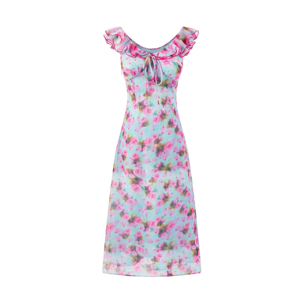 Women's Floral Ruffle V-Neck Slim-Waist Midi Dress