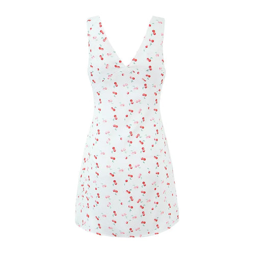 Women Clothing Summer Sexy Low Cut V neck Sleeveless Printed Dress