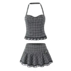 Women's Summer Lace Stitching Plaid Vest and Skirt Two-Piece Set