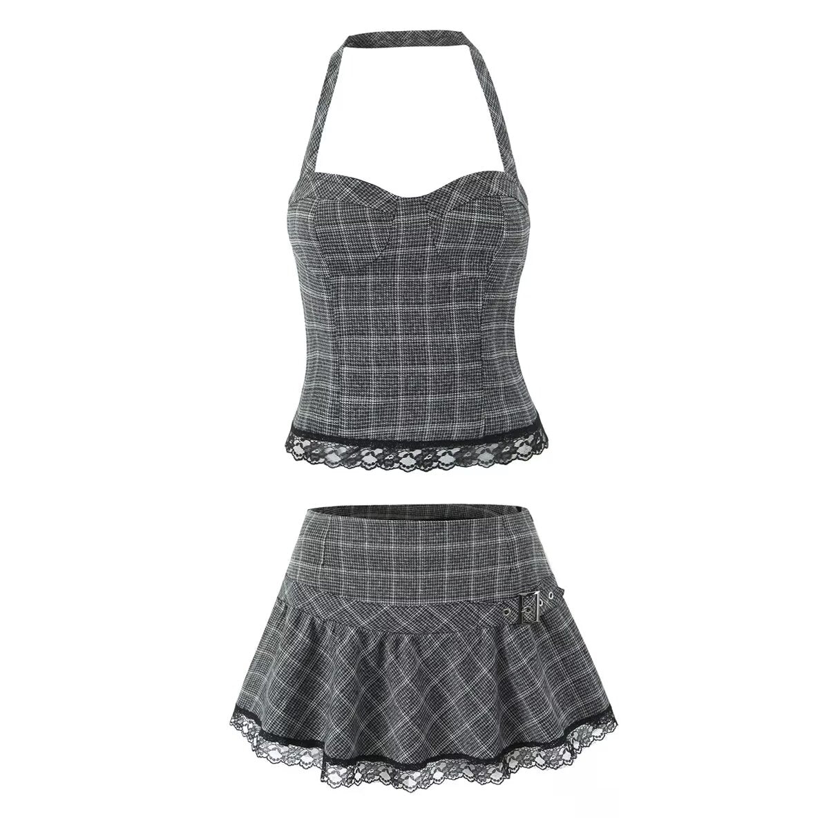 Women's Summer Lace Stitching Plaid Vest and Skirt Two-Piece Set
