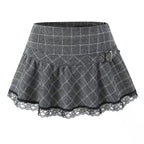 Women's Summer Lace Stitching Plaid Vest and Skirt Two-Piece Set
