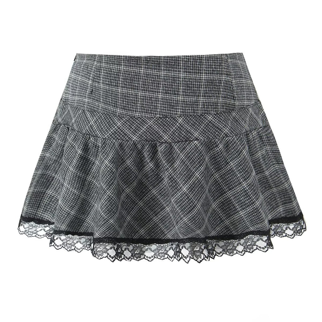 Women's Summer Lace Stitching Plaid Vest and Skirt Two-Piece Set