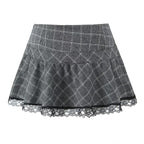 Women's Summer Lace Stitching Plaid Vest and Skirt Two-Piece Set