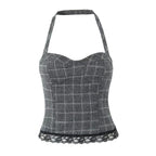 Women's Summer Lace Stitching Plaid Vest and Skirt Two-Piece Set