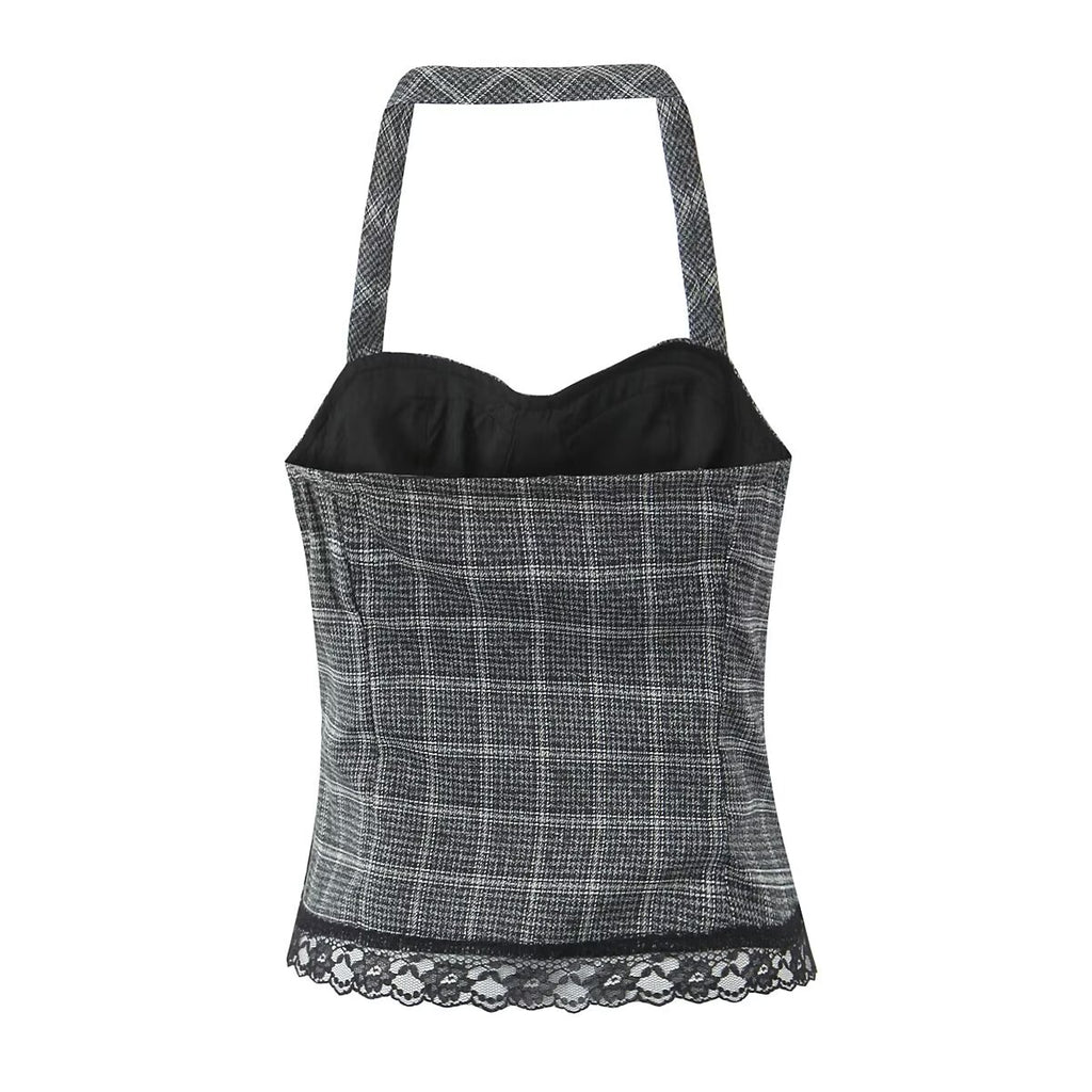 Women's Summer Lace Stitching Plaid Vest and Skirt Two-Piece Set