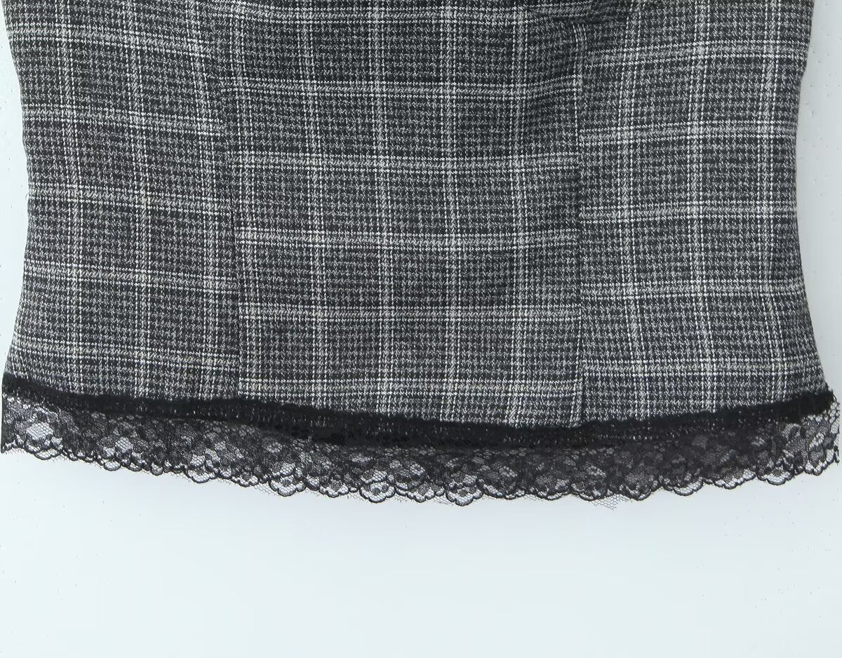 Women's Summer Lace Stitching Plaid Vest and Skirt Two-Piece Set