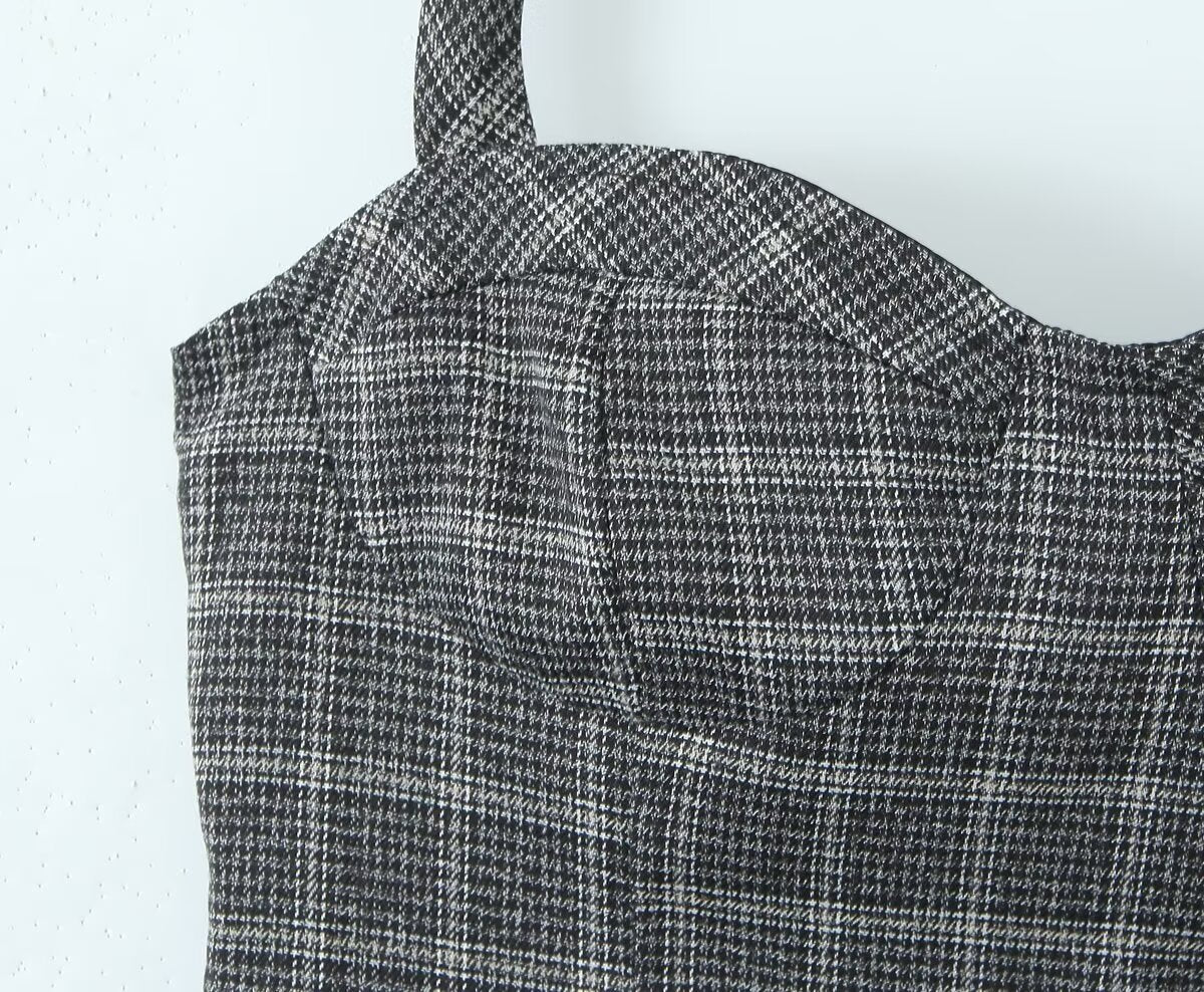 Women's Summer Lace Stitching Plaid Vest and Skirt Two-Piece Set