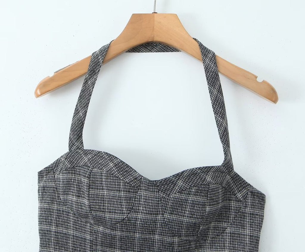 Women's Summer Lace Stitching Plaid Vest and Skirt Two-Piece Set