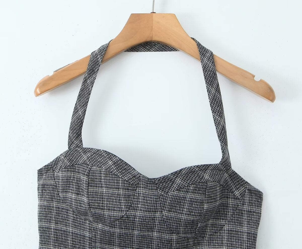 Women's Summer Lace Stitching Plaid Vest and Skirt Two-Piece Set
