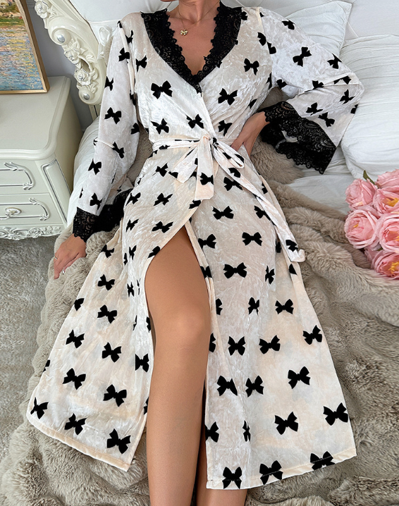 Women's Velvet Ladies Robe Lace Cardigan Sleepwear Bathrobe