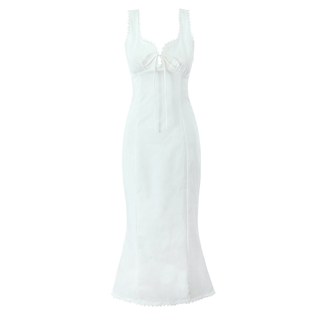 Women's V-Neck Lace Ruched Backless Fishtail Maxi Dress