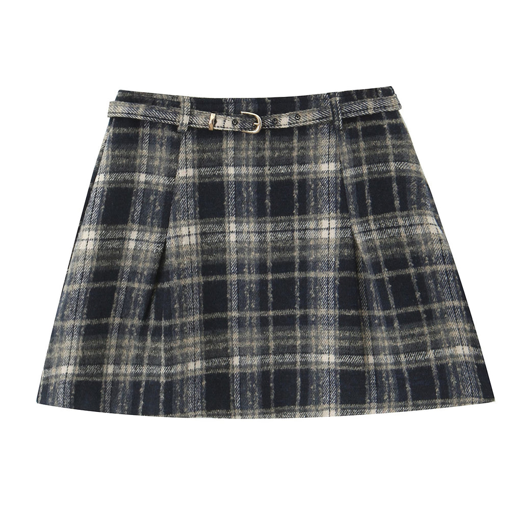 Early Spring Plaid Drawstring Pleated Short High Skirt