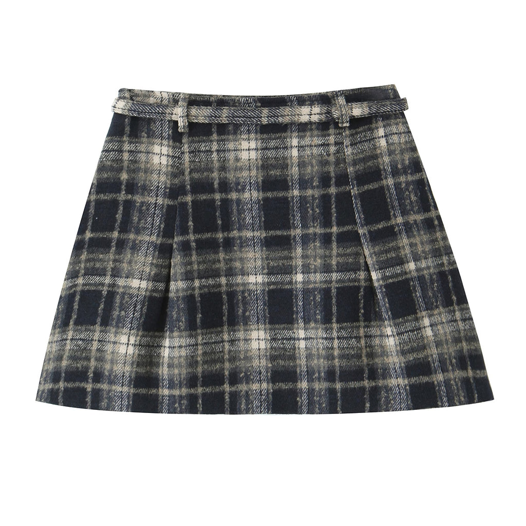 Early Spring Plaid Drawstring Pleated Short High Skirt