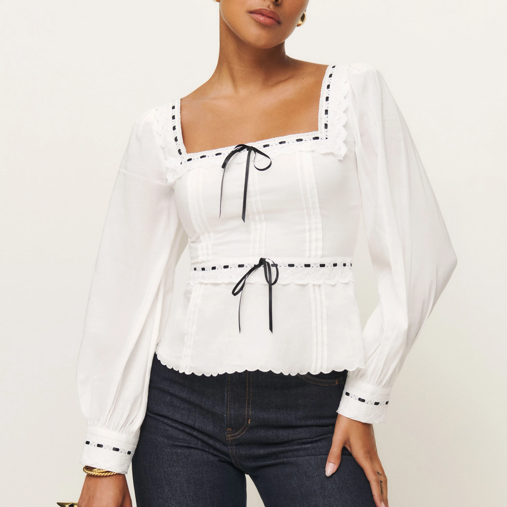 Women's Clothing French Lace Hem Embroidery Tie Neck Bubble Long Sleeve Top