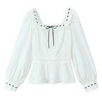 Women's Clothing French Lace Hem Embroidery Tie Neck Bubble Long Sleeve Top