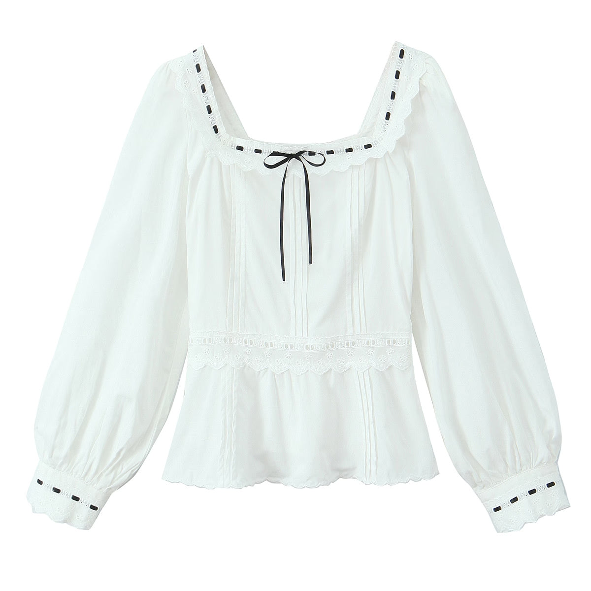 Women's Clothing French Lace Hem Embroidery Tie Neck Bubble Long Sleeve Top