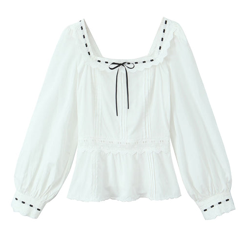 Women's Clothing French Lace Hem Embroidery Tie Neck Bubble Long Sleeve Top