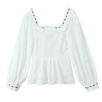 Women's Clothing French Lace Hem Embroidery Tie Neck Bubble Long Sleeve Top
