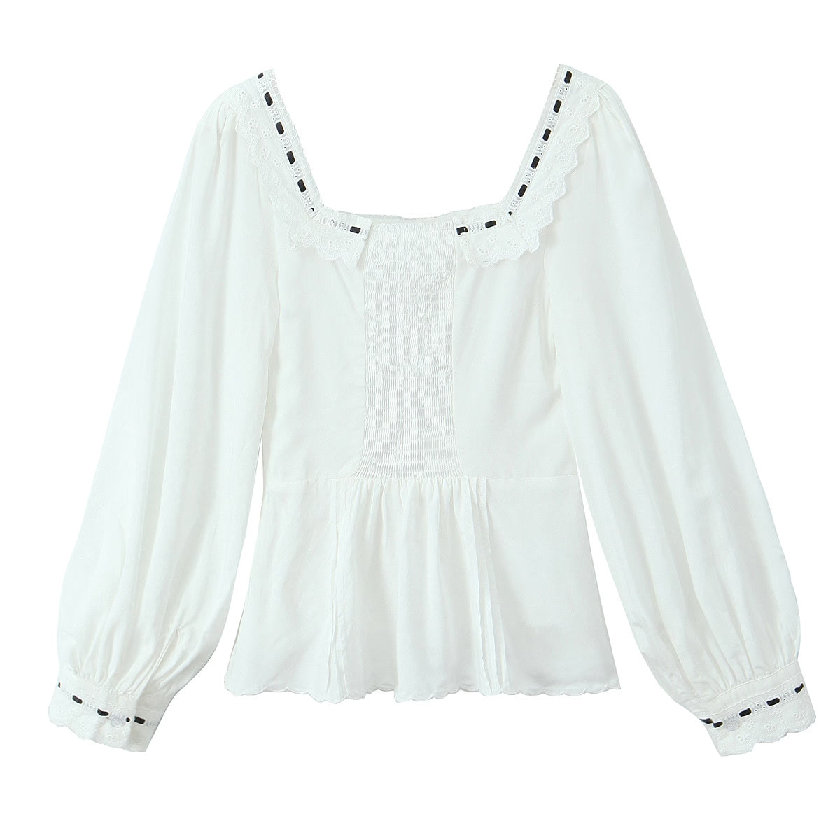 Women's Clothing French Lace Hem Embroidery Tie Neck Bubble Long Sleeve Top