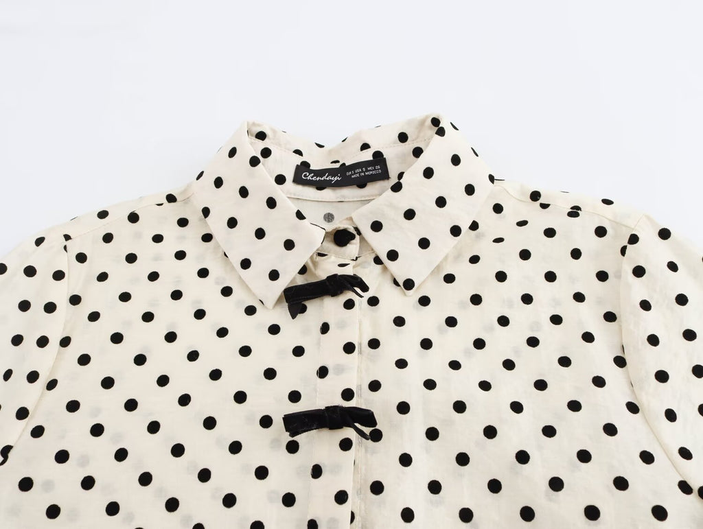 Women's Collared Single Breasted Bowknot Decoration Polka Dot Shirt