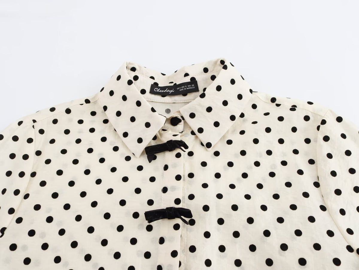 Women's Collared Single Breasted Bowknot Decoration Polka Dot Shirt