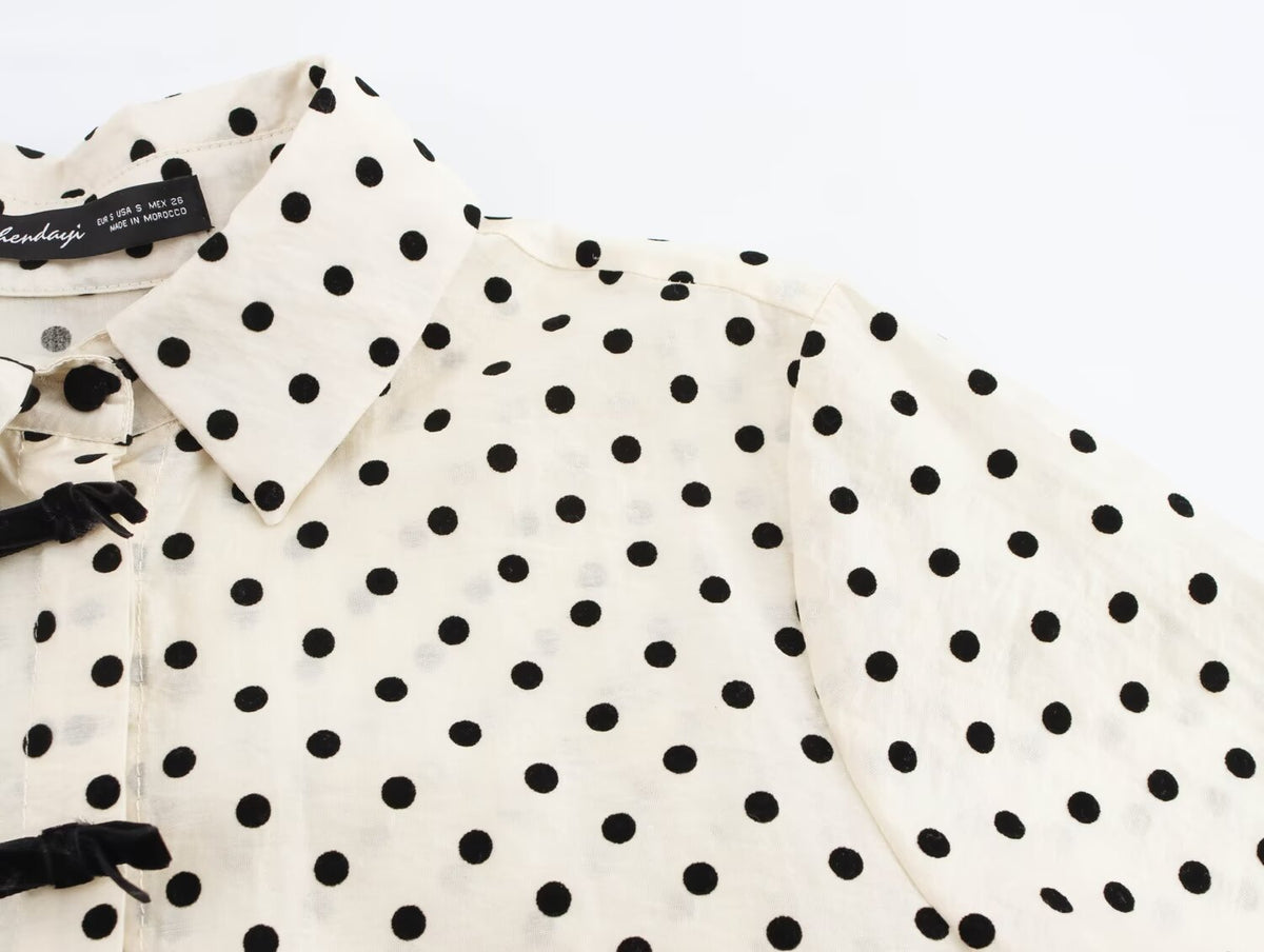 Women's Collared Single Breasted Bowknot Decoration Polka Dot Shirt