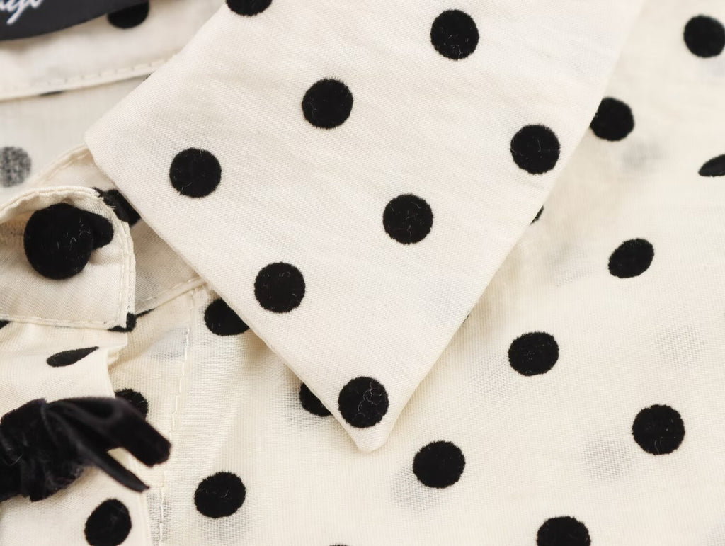 Women's Collared Single Breasted Bowknot Decoration Polka Dot Shirt