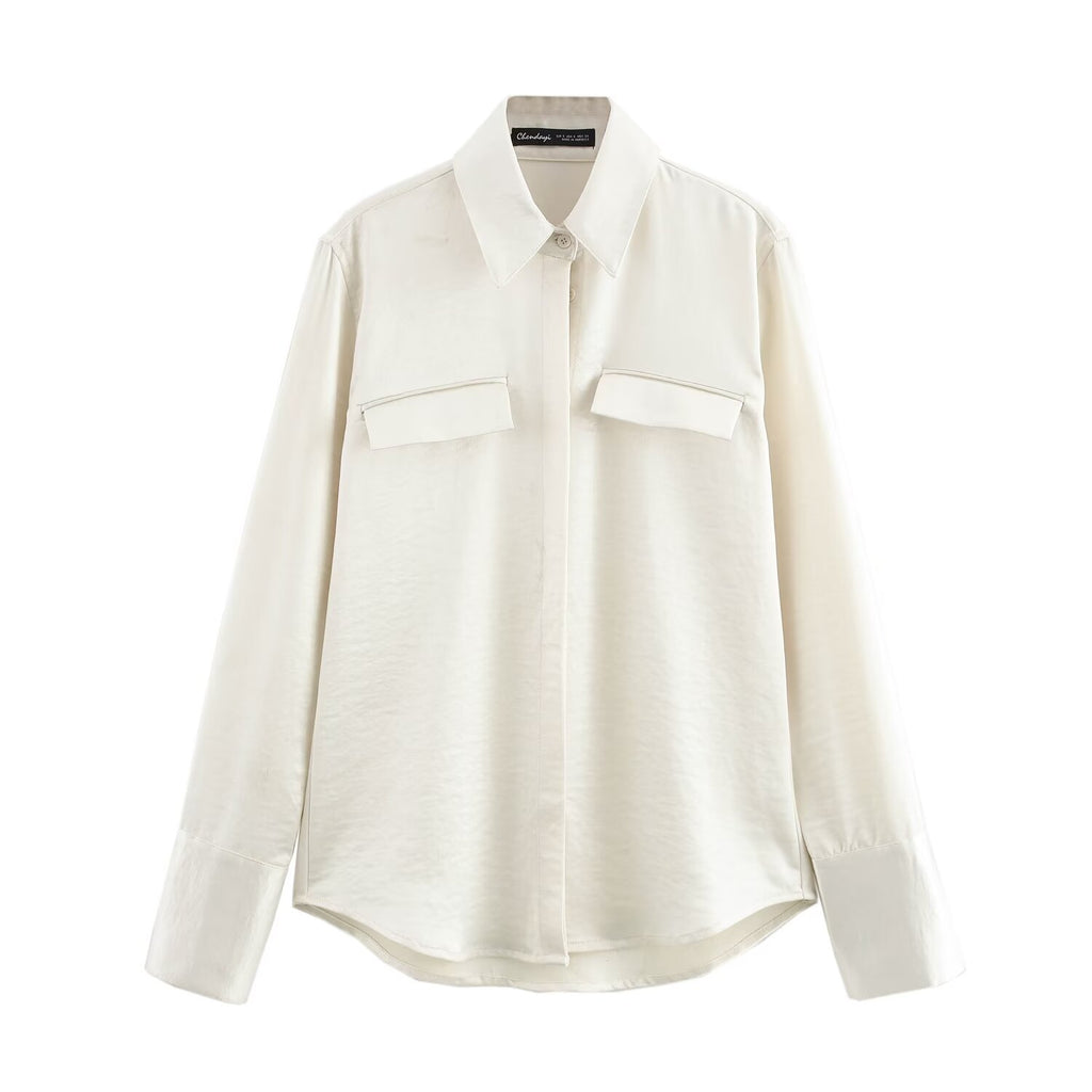 Women's Solid Color Long Sleeve Pocket Silk Satin Texture Shirt