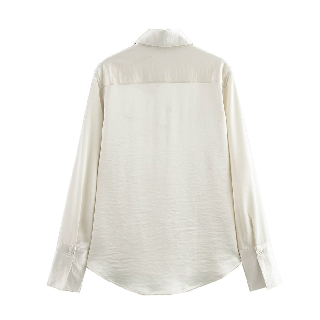 Women's Solid Color Long Sleeve Pocket Silk Satin Texture Shirt