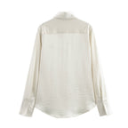 Women's Solid Color Long Sleeve Pocket Silk Satin Texture Shirt