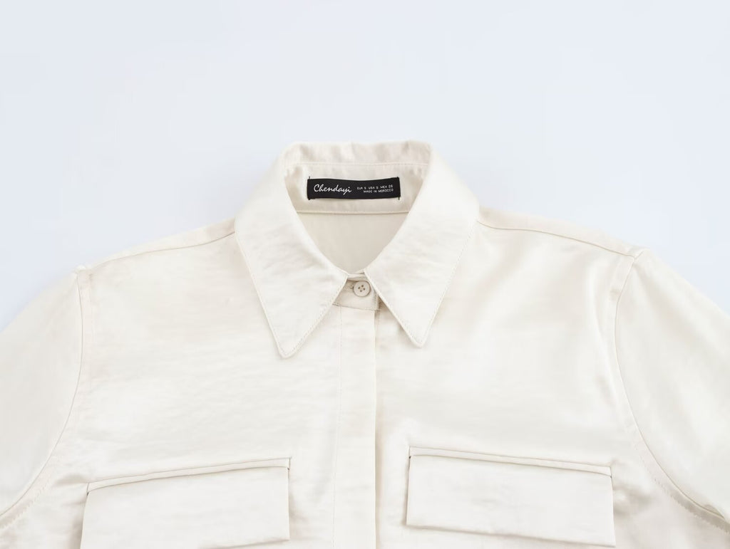 Women's Solid Color Long Sleeve Pocket Silk Satin Texture Shirt