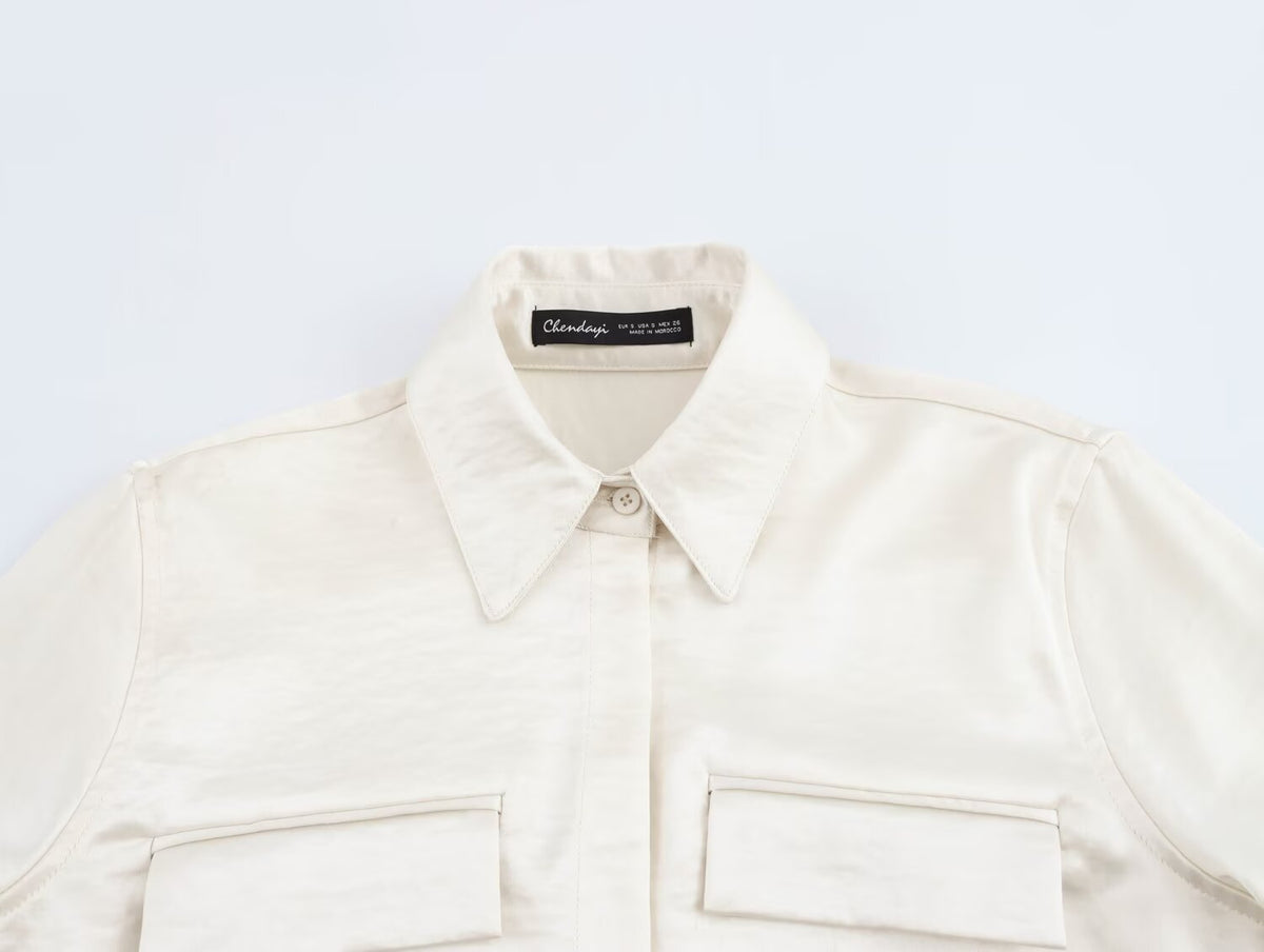 Women's Solid Color Long Sleeve Pocket Silk Satin Texture Shirt