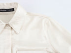 Women's Solid Color Long Sleeve Pocket Silk Satin Texture Shirt