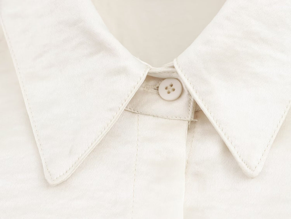 Women's Solid Color Long Sleeve Pocket Silk Satin Texture Shirt