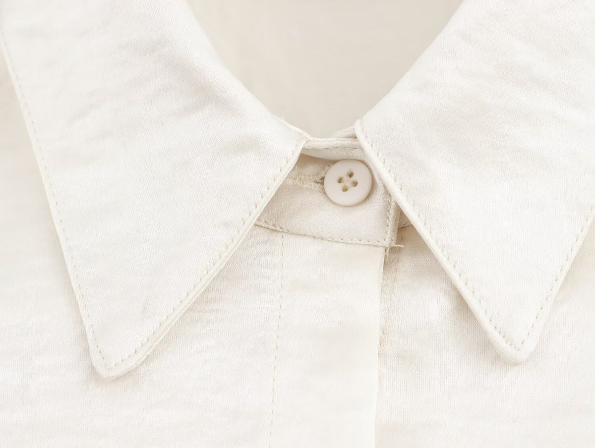 Women's Solid Color Long Sleeve Pocket Silk Satin Texture Shirt