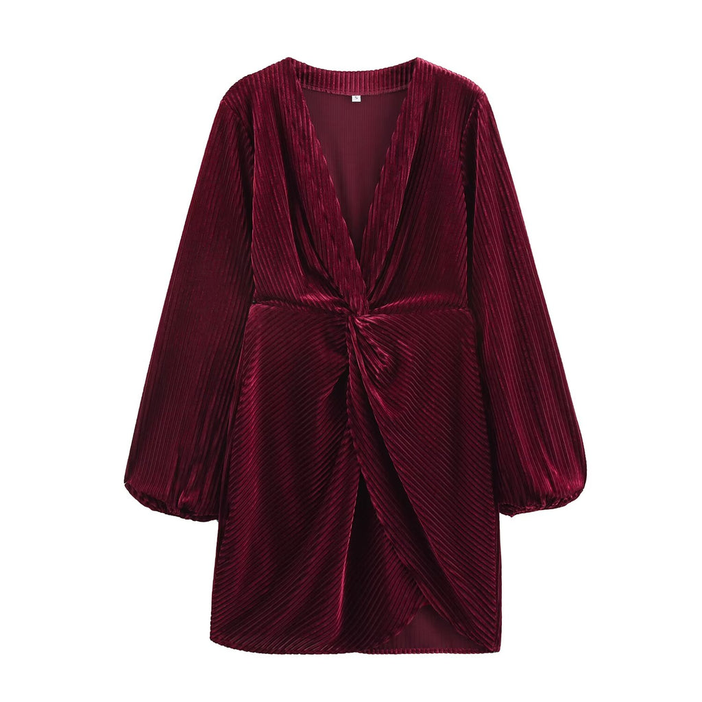 Corduroy V-Neck Twist-Front Long-Sleeve A-Line Mini Dress