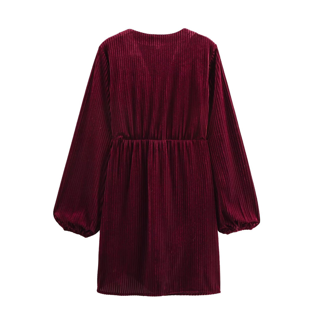 Corduroy V-Neck Twist-Front Long-Sleeve A-Line Mini Dress