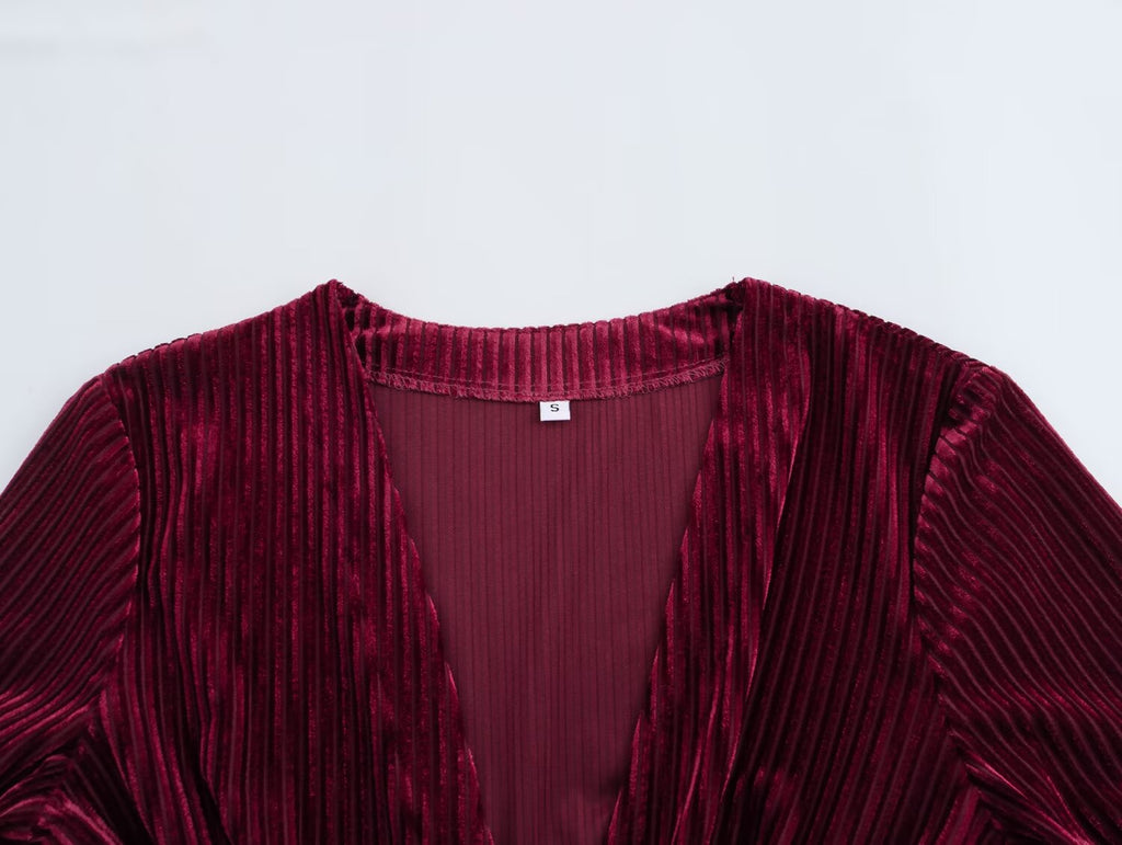 Corduroy V-Neck Twist-Front Long-Sleeve A-Line Mini Dress
