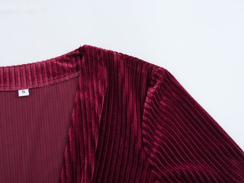 Corduroy V-Neck Twist-Front Long-Sleeve A-Line Mini Dress