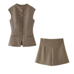 Women's Plaid Square Collar Top High Waist Shorts Set