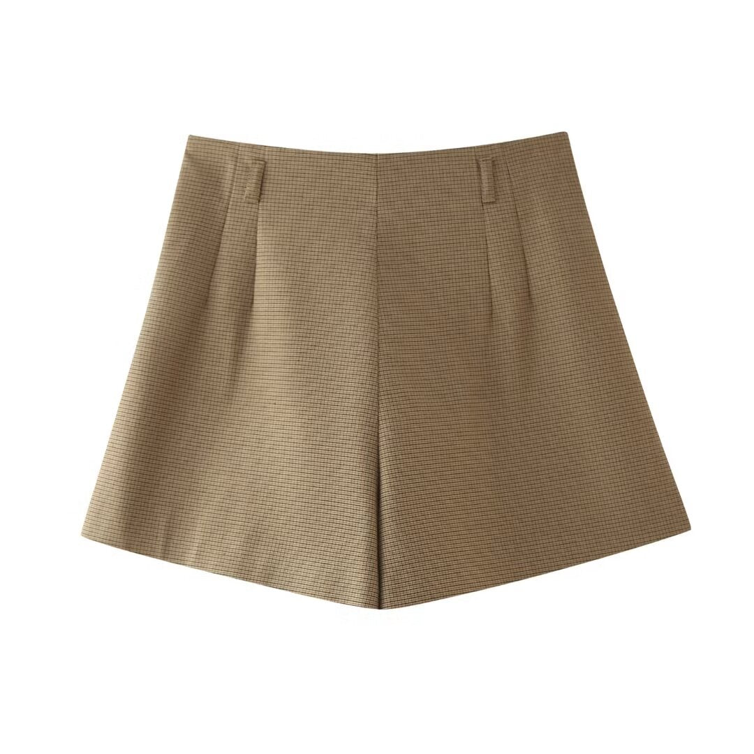 Women's Plaid Square Collar Top High Waist Shorts Set